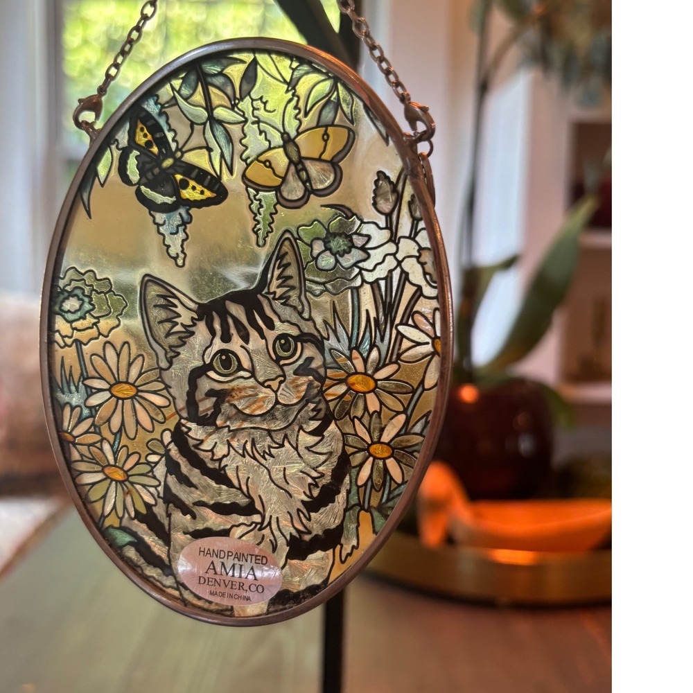 AMIA Hand Painted Glass Suncatcher Tabby Cat Butterflies Daisies Oval 4.5"